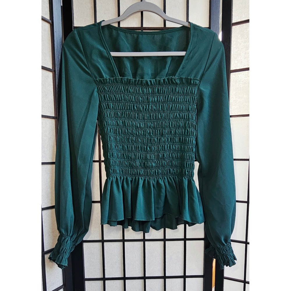 Forest Green Smocked Peplum Blouse Size‎ L - Picture 2 of 7
